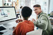 © Frank Coop/peopleimages.com - Business people, teamwork and computer screen in office with helping to choose design layout for online campaign. Graphic designer, employee and support at desk for project brainstorming and print ad