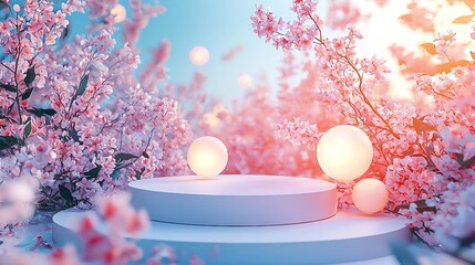 Sticker - A serene scene featuring soft pink blossoms surrounding a minimalist pedestal, with glowing spheres, perfect for spring-themed designs.