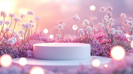 Sticker - A serene pedestal surrounded by beautiful flowers, illuminated by soft lights, perfect for showcasing products or presentations.