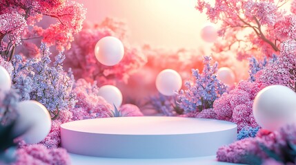 Sticker - Beautiful pink floral landscape with soft spheres and a circular platform, perfect for showcasing products or artistic presentations.