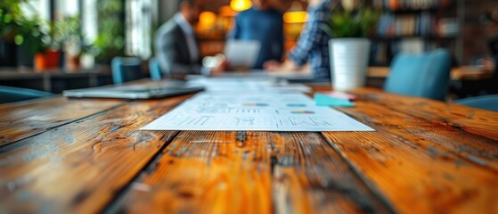 Wall Mural - Close-up of a team of business people working together, dressed casually and standing at a wooden table with papers and charts in an office. 