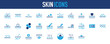 © nidhi07 - Skin icons set. Down Arrows, Skin Layers, Pimple, Hydrating, Wound, No Water, Cells, Aging, Moisture, Acne, Shield, Skin Oil, Skin Treatment, Dry Skin, Sunburn, Skin Cell vector.