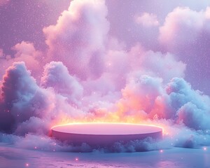 Sticker - A dreamy scene featuring a glowing platform surrounded by vibrant, colorful clouds, perfect for showcasing creativity and imagination.