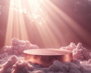 Sticker - Elegant pedestal in soft pink clouds illuminated by radiant beams of light, creating a serene and dreamy atmosphere.
