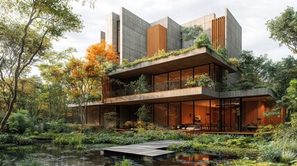 Modern architectural design featuring greenery and water elements.