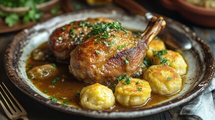 Wall Mural - A rustic plate of baked duck leg with golden-brown dumplings, drizzled with gravy, and served with herbs. The meal is rich and comforting.