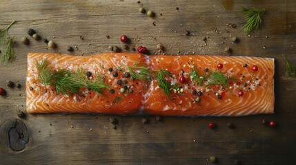 A raw salmon fillet topped with dill and peppercorns, placed on a wooden surface, perfect for a fresh and healthy meal concept.