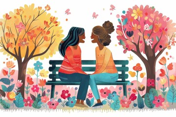 Two women sitting on a bench in a park