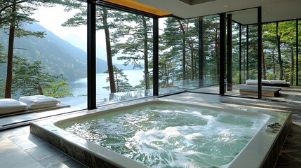 Wall Mural - A luxury spa bathroom with a modern, minimalist design, with glass walls showing trees, mountains, and the sea.