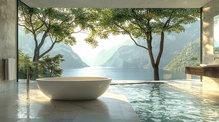 Wall Mural - A luxury spa bathroom with a modern, minimalist design, with glass walls showing trees, mountains, and the sea.