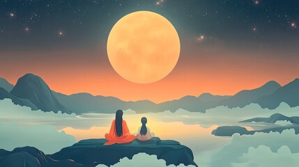 Wall Mural - Two people are sitting on a rock by a lake, looking at a large yellow moon