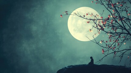 A person is sitting on a hillside under a full moon