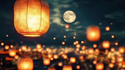 A sky full of glowing lanterns and a full moon