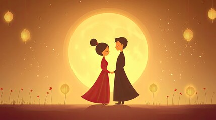 A couple is standing in front of a full moon, holding hands