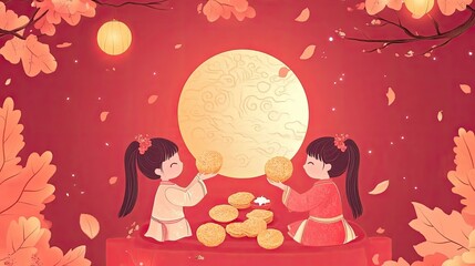 Two girls are sitting at a table with a moon in the background