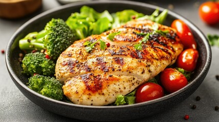 A wholesome meal of roasted chicken breast, grilled and golden, with a side of crisp salad and tender broccoli. A perfect option for those focusing on health and nutrition