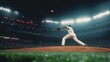 © Nuttaya Nampai - Action-packed moment as a baseball pitcher throws a fastball toward the batter, captured mid-throw in a full stadium.