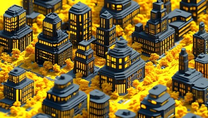 Wall Mural - Isometric 3D City Render with Black Outlines on a Vibrant Yellow Background from a Top View Perspective