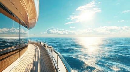 Wall Mural - A yachtaes expansive deck overlooking the vast blue ocean, with sunlight reflecting off the waves and a clear horizon