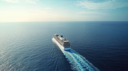 Wall Mural - Aerial shot of a large cruise ship cutting through the open sea, with clear skies and calm waters surrounding it