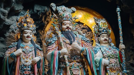 Three statues of men with long beards and gold and blue robes