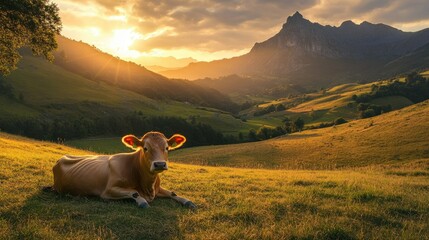 An Asturian Mountain cow relaxes on a grassy lawn, framed by the golden hues of a national park at sunset. Mountains rise in the background.