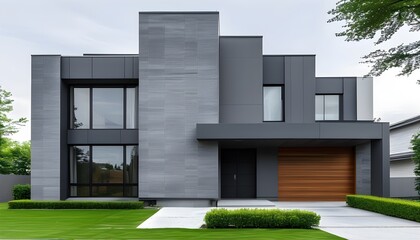 Sleek modern home exterior with gray walls showcasing contemporary architecture