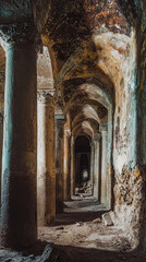 Wall Mural - Ancient underground palace with crumbling stone columns creates mysterious atmosphere. dimly lit corridor invites exploration and evokes sense of history and wonder