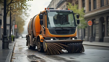 Street sweeper diligently cleaning urban streets for a tidy and polished city environment