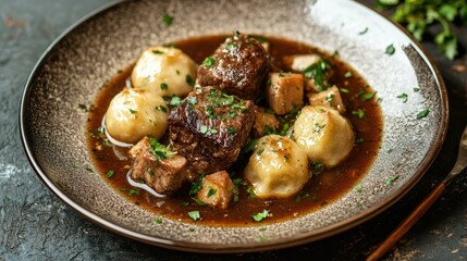 Wall Mural - Boiled beef with dumplings and a savory sauce, garnished with fresh herbs on a rustic plate. The dish is warm and inviting.