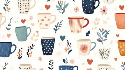 Ceramic coffee cups and tea mugs pattern, vintage Scandinavian pottery, cafe backdrop.