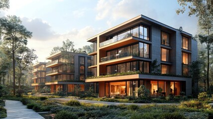 Wall Mural - Modern residential buildings in a serene natural setting.