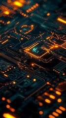 Poster - Close-up of a glowing circuit board with orange and teal light effects