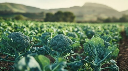 Broccoli growing in an organic field, its green heads standing tall among other Brassica oleracea species, including cabbage and cauliflower. A nutritious, widely cultivated vegetable