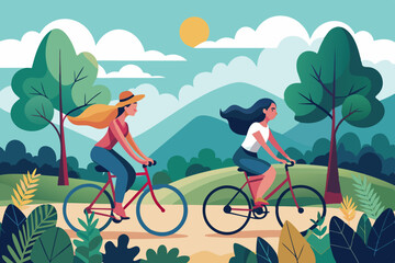 vector illustration of girls riding cycle outdoor