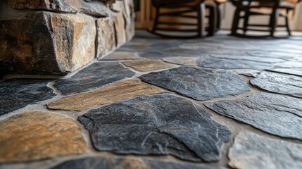 A close-up of textured stone flooring in a rustic home, showing the uneven surface and natural imperfections in each stone tile.