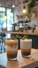 Delight in unique flavor of milk tea served in minimalist cafe setting, featuring two beautifully layered drinks topped with fresh herbs