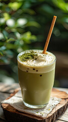 Creamy matcha milk tea served in glass cup, topped with frothy foam and sprinkle of matcha powder. This refreshing drink is perfect for warm day