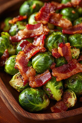 Canvas Print - Caramelised Brussels sprouts with fried bacon and fried potatoes. AI generative.