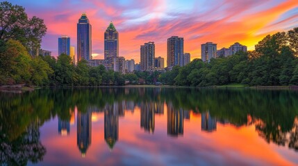 Iconic view of the Atlanta skyline over Piedmont Park, showcasing modern architecture, lush greenery, and a vibrant urban landscape, perfect for illustrating city life and nature harmony