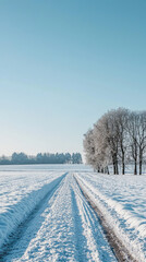 A serene winter landscape features snow covered fields stretching into distance, with clear blue sky above and trees lining path. peaceful scene evokes sense of tranquility and beauty