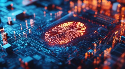 Close-up of a fingerprint scan integrated with a microcircuit board, symbolizing advanced biometric technology and security.