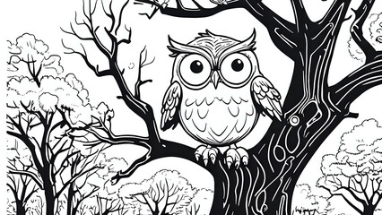 Easy coloring pages for kids, owl on tree