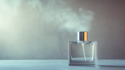 Minimalist perfume bottle releasing a mist of fragrance, the droplets sharp and crystal clear