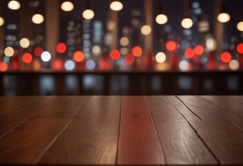 Wall Mural - A wooden table in the foreground with a blurred cityscape of lights in the background.