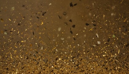 Poster - a dark brown background with numerous small, irregularly shaped gold and black confetti pieces scattered throughout, creating a sense of movement and energy.