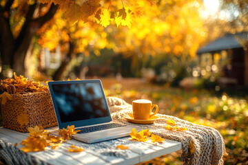 a laptop lying on a white table in an autumn garden and a standing mug with steaming hot coffee. ai 