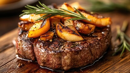 Delicious grilled beef steak topped with caramelized apples and rosemary, creating a mouth-watering gourmet dish.