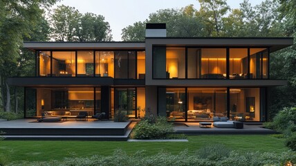 Wall Mural - Modern house with large glass windows and warm lighting at dusk.