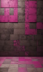 a dark, textured wall with a grid-like pattern of pink and gray tiles. The tiles are arranged in a square pattern, with some overlapping and others slightly tilted. The image